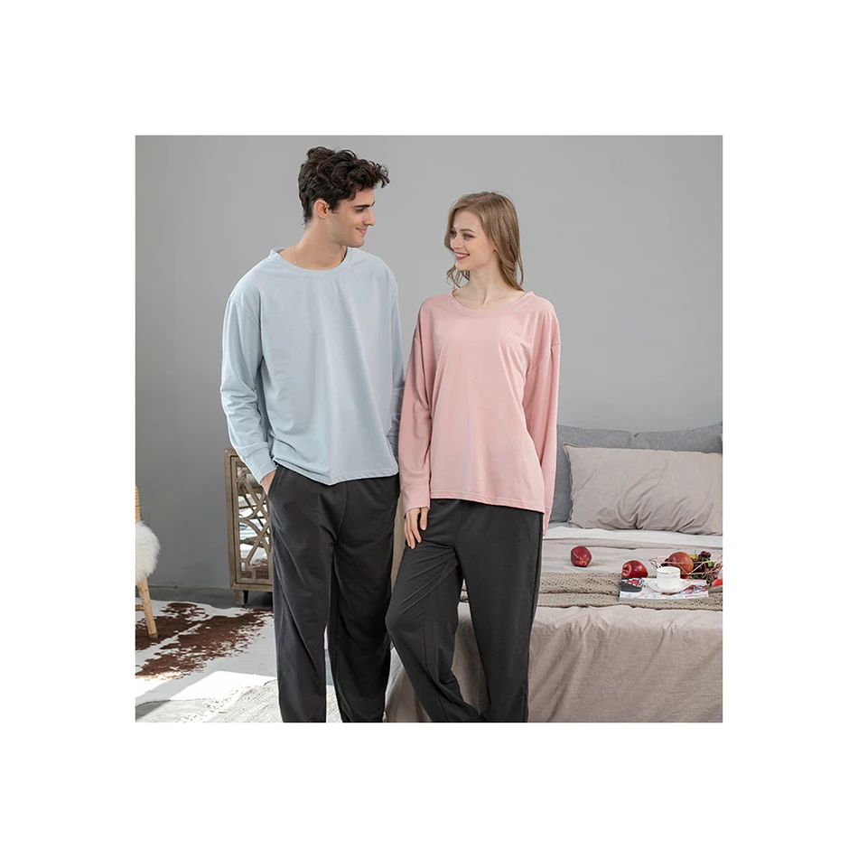 

C1 2021 New Style cotton lounge wear set round neck solid color couple pajama cotton loose long sleeve women's sleepwear, Picture shows