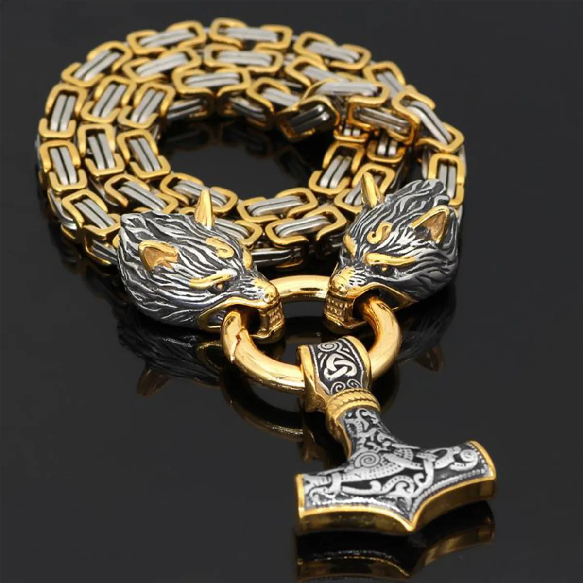 

24'' Men Vintage Jewelry Stainless Steel King Chain Norse Viking Celtic Thor Hammer Pendant Amulet Wolf Head Mjolnir Necklace, Black