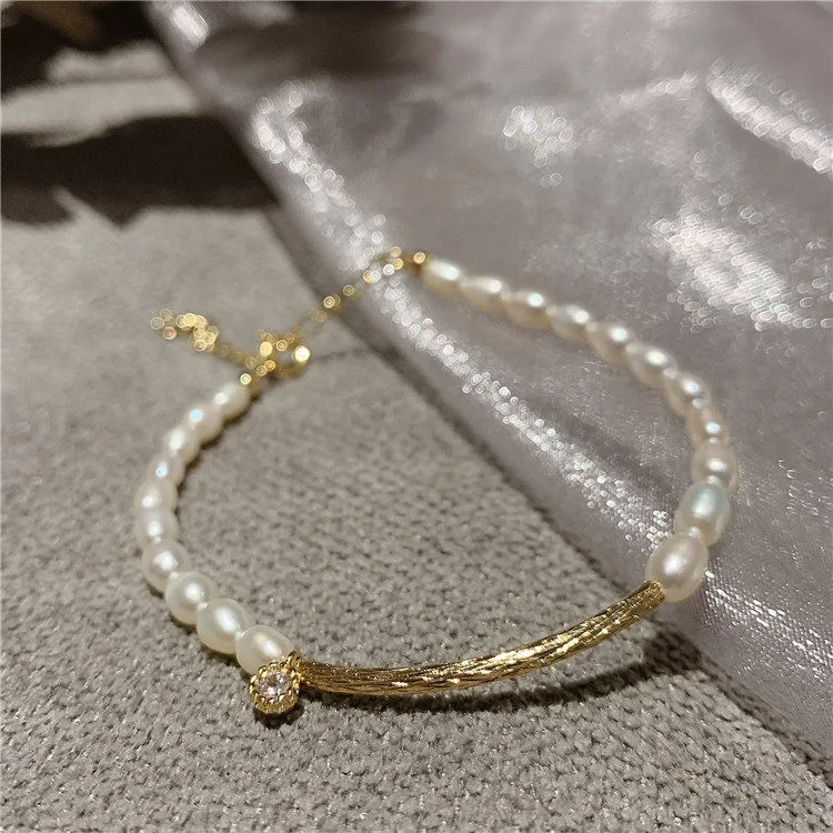 

JUHU Korea Natural Freshwater Pearl Stitching Bracelet Girlfriend Bracelet Shell Pearl Lady Spring Wild Fashion Bracelet, Gold