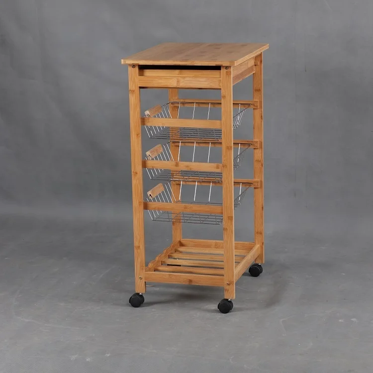 
Promotional home serving bamboo kitchen island trolley with wine rack and wheels 