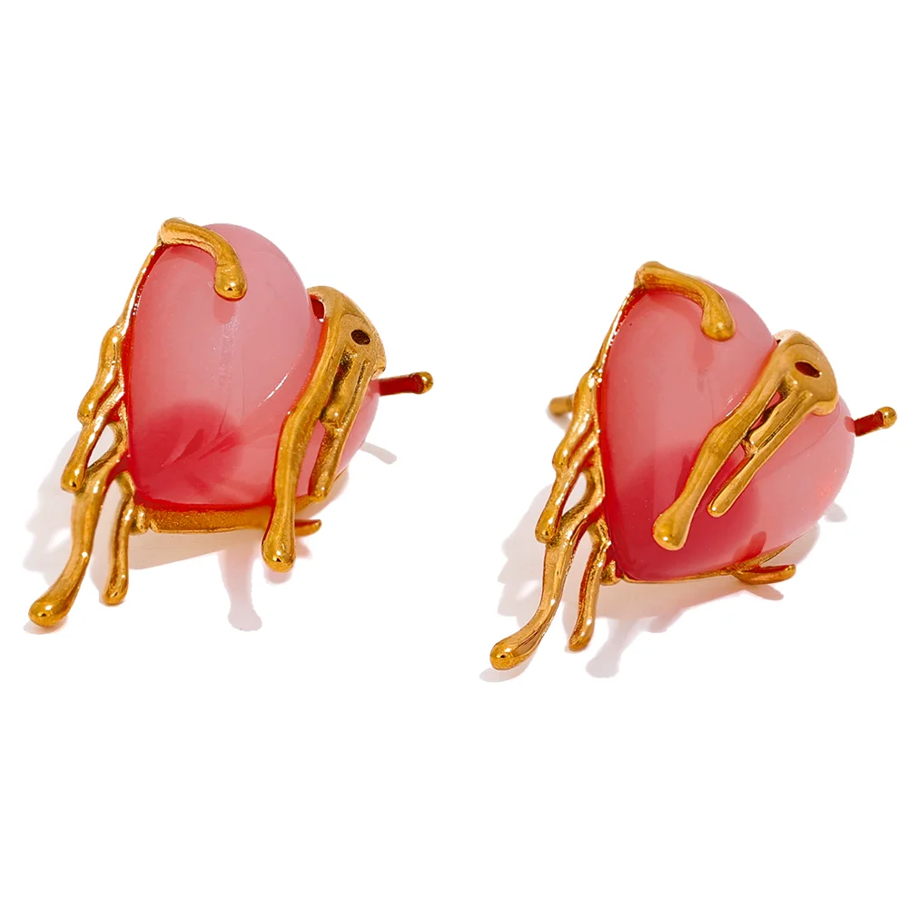 

JINYOU 2306 Stainless Steel Cast Sweet Pink Resin Heart Stud Earrings Golden Romantic Fashion Premium Jewelry Women Girls 2023