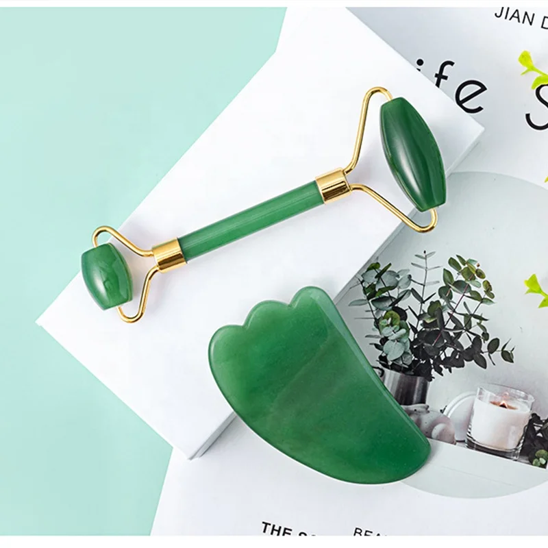 

Wholesale Custom Logo Premium Natural Facial Skin Massage Green Aventurine Stone Jade Roller And Gua Sha Set