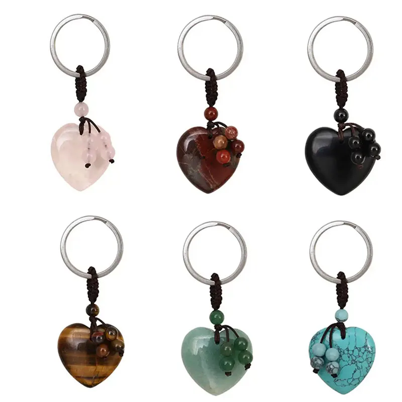 

Wholesale natural stone 30mm peach heart crystal rose quartz green aventurine gemstone pendant Key Chain