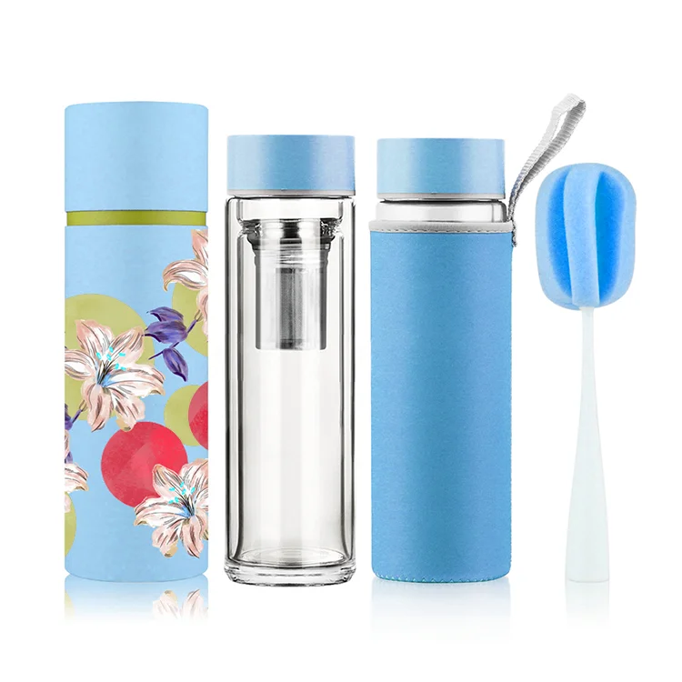 

Hot Sale Double Wall Thermos Glass Tea Bottle with Stainless Steel Infuser Drink Water Bottle, Customized color