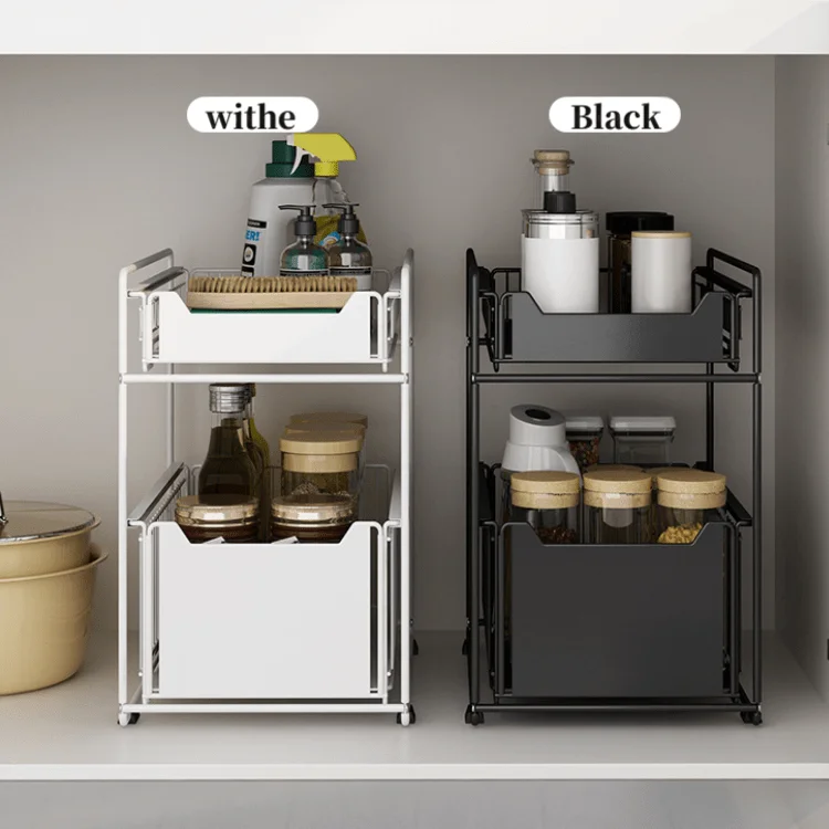 

Professional Multifunctional 2 Tier Kitchen Storage Shelf Stackable Under Sink Rack Metal Cabinet Drawer Basket Kitchen Storage, Black & white