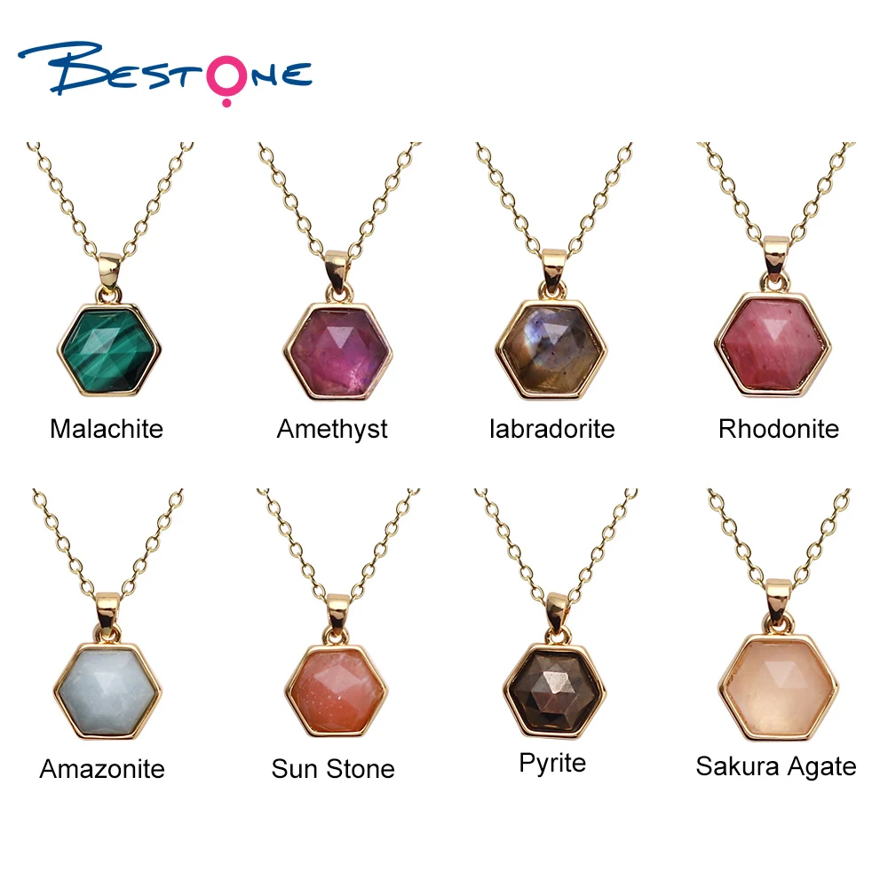 

Bestone Hot Sale Natural Gemstone Hexagonal Shape Amethyst Crystal Stone Quartz Healing Point Jewelry Pendant Necklace For Women