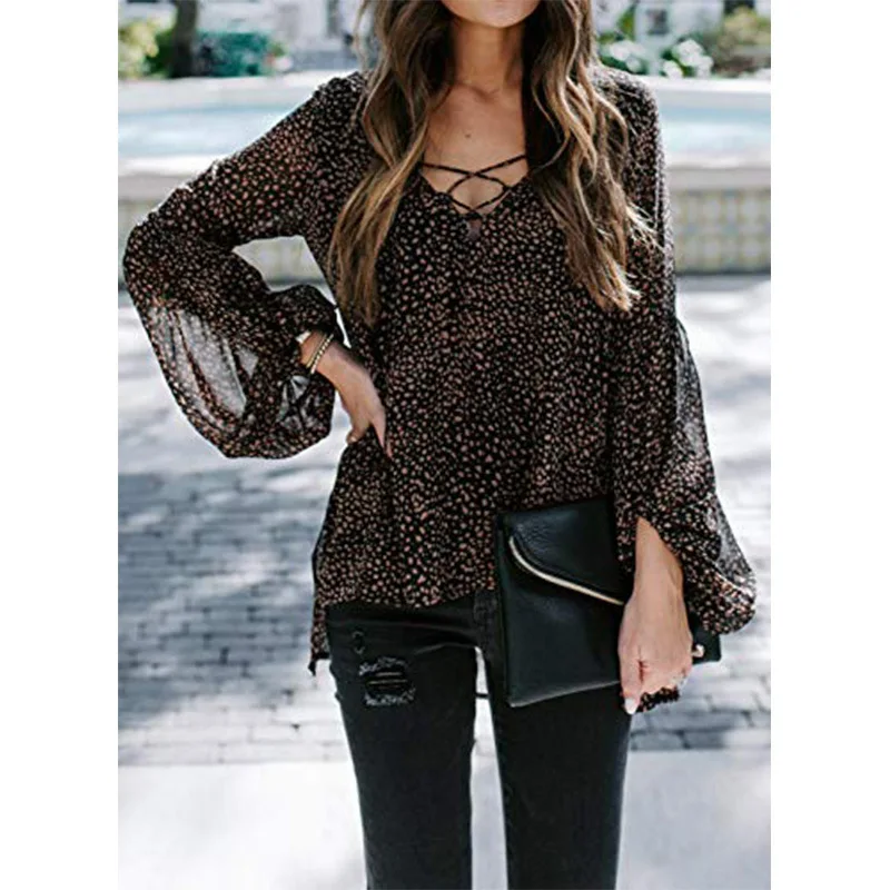 

Ladies Leopard Print V-neck Long Sleeve Casual Tie shirt Women Sexy Blouse Top, Picture color