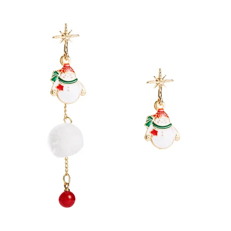 

Red Green White Enamel Asymmetric Christmas Earrings for Women Plush Hairball Snowman Star Dangle Earrings Jewelry