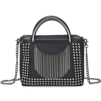 

2021 New Korean Fashion Trendy Crossbody Shoulder Bag Fringes Chain Strap Zipped Small Bag Rivet Tassel Bag Luxury Handbags, Black