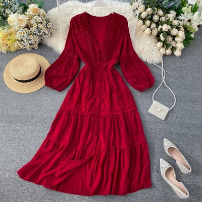 

Ins Fashion ethnic style women maxi dress sexy lady lace embroidered Bohemia dress