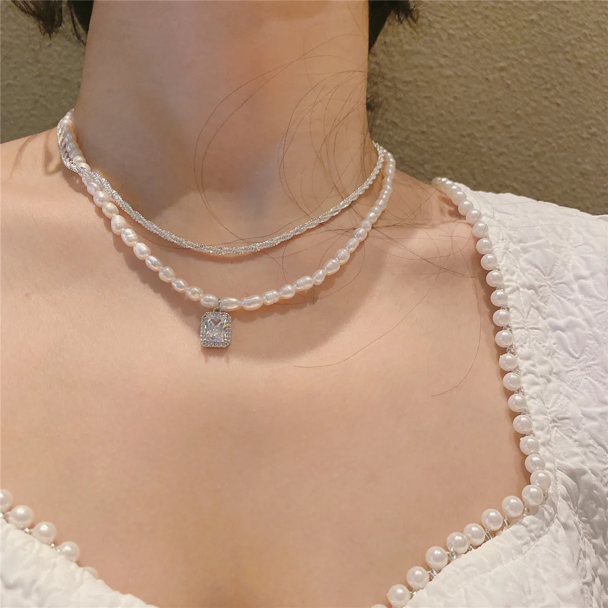 

Sparkling Full Clear Zircon Heart Necklace Multi Layer Baroque Natural Freshwater Pearl Necklace Choker
