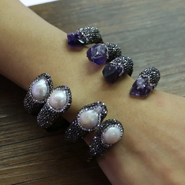 

LS-D3500 Wholesale Amazing double stone leather wrapped bangles, Fashion amethyst and pearl bangle