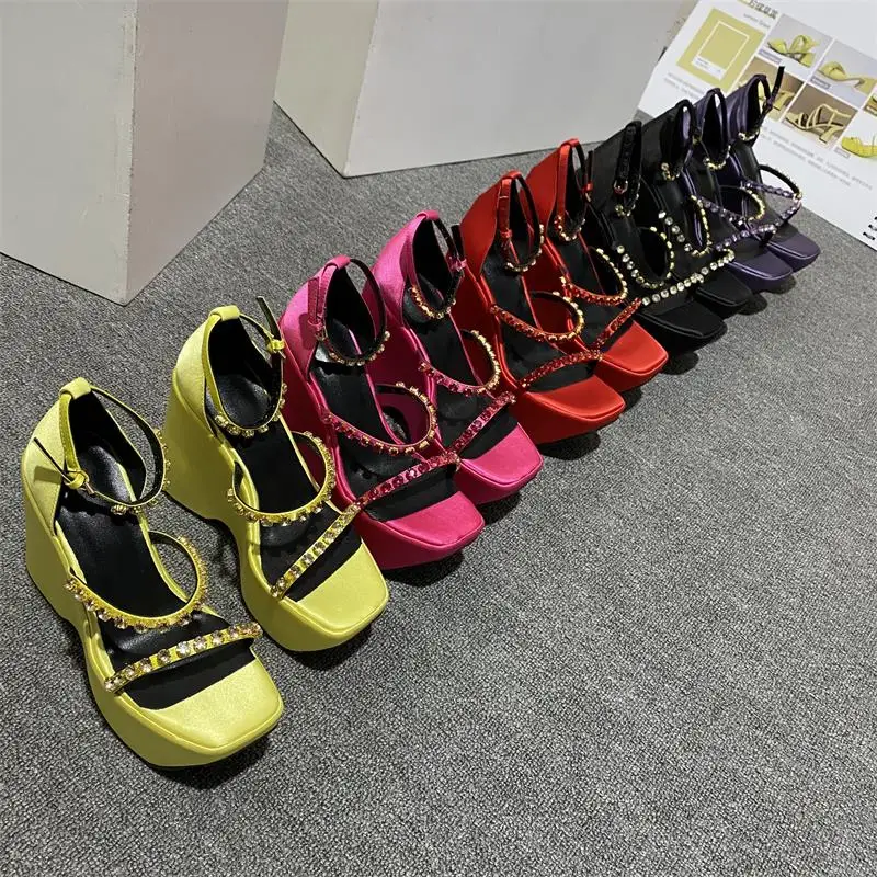 

2022 New Women High Heels Satin Shoes Luxury Wedges Shoes Ladies Chunky Heels Summer Sandals Rhinestone Shoes Platform Sandals