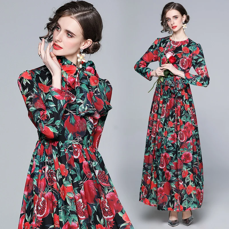 

Elegant Women Fashion Maxi Dress Long Sleeve O Neck Big Swing Floral Print Maxi Chiffon Dress