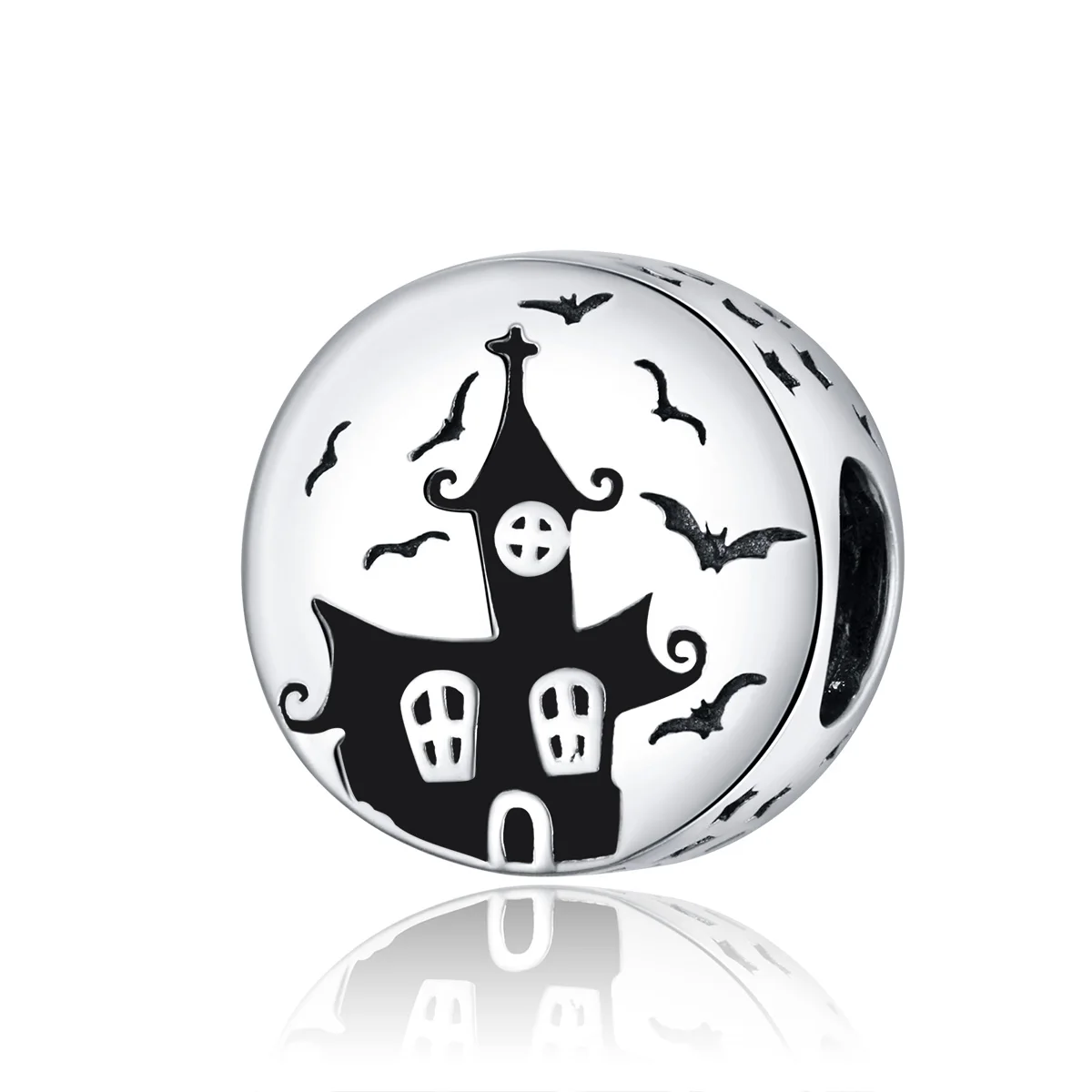 

Ghost castle round bead 925 sterling silver Halloween jewelry charm
