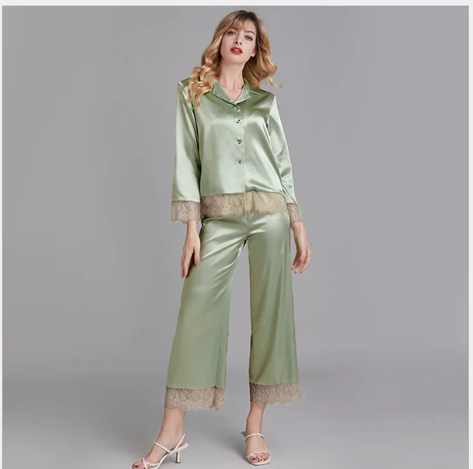 

Customized women long sleeve button up 2 pieces pyjama set loungewear ladies sleepwear wholesale women pajamas with lace trim