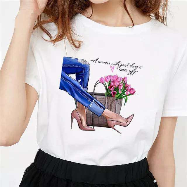 

New Fashion Style High Heels Printed Blouse Round Neck Short Sleeve Casual T-shirt Women, Picture showed