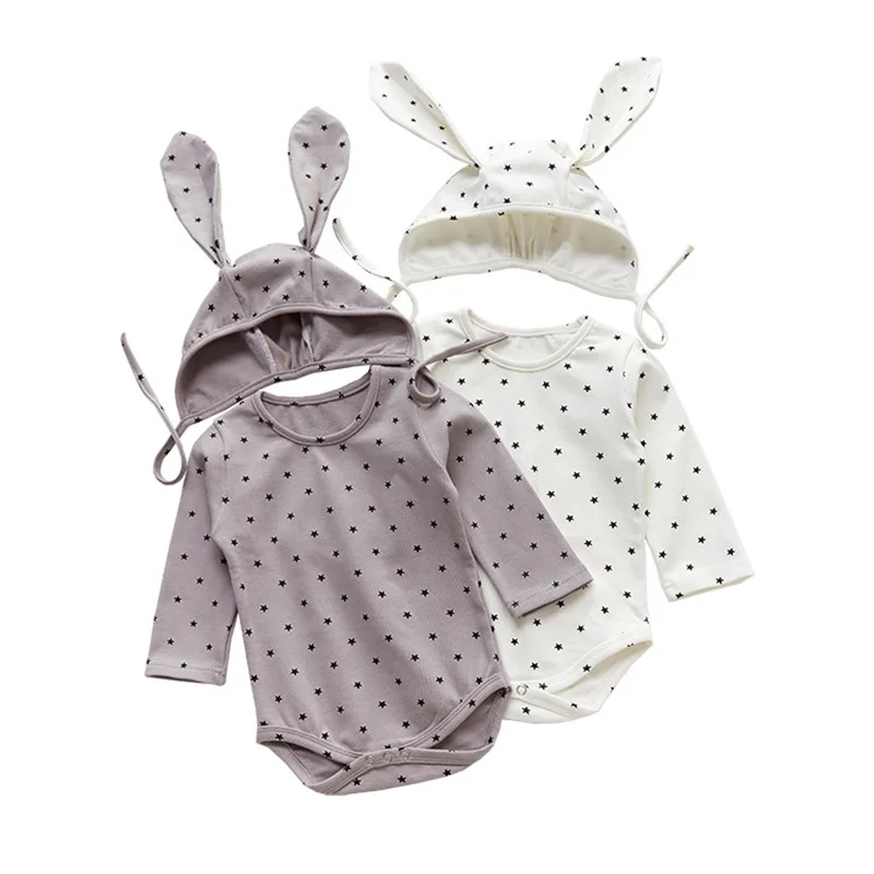 

Easter Baby Rabbit Ear Dots Rompers Caps Boys Girls Long Sleeves Bunny earsJumpsuits, 4colors for choose