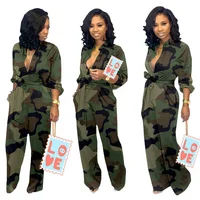 

B61608A Popular European and American women's pocket wide-leg pants camouflage jumpsuit