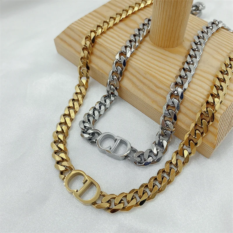 

Hypoallergenic Fashion Cuban Chain CD Letter Choker Necklace Women Non-Fading 18K Gold Filled Stainless Steel Jewelry Necklace