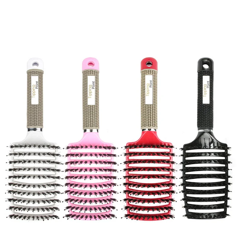 

Dropshipping customise logo Curly Wig Brush Curved Plastic Rubber Tangle Vent Detangling Wet Paddle Boar Bristle Hair Brush