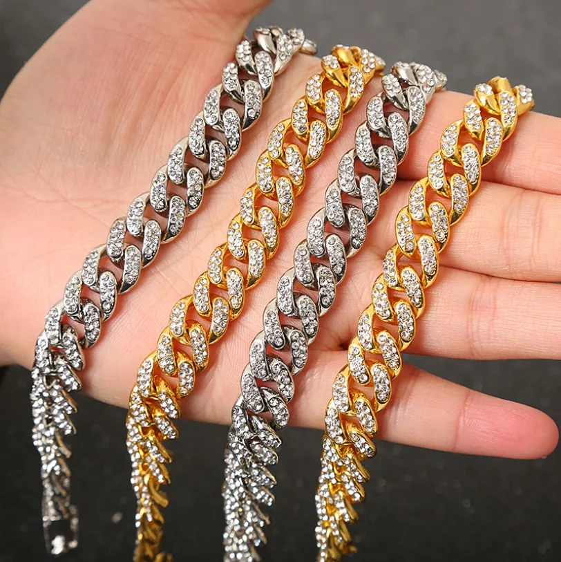 

Popular Hip Hop Jewelry Iced Out Diamond 12mm Gold Silver Cuban Link Chain Necklace Cubana Cadenas, Gold, sivler