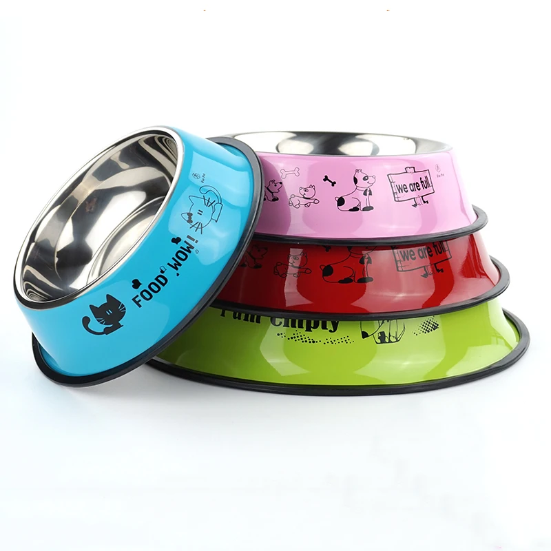 

Wholesale Color Cartoon Pattern Pet Cat Dog Stainless Steel Drinking Feeding Bowl With Rubber Base, Blue, red, green, pink, orange