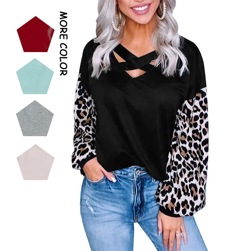 

Wholesale 2021 New Design Fashion Crisscross V Neck Leopard Long Sleeve Women Blouse