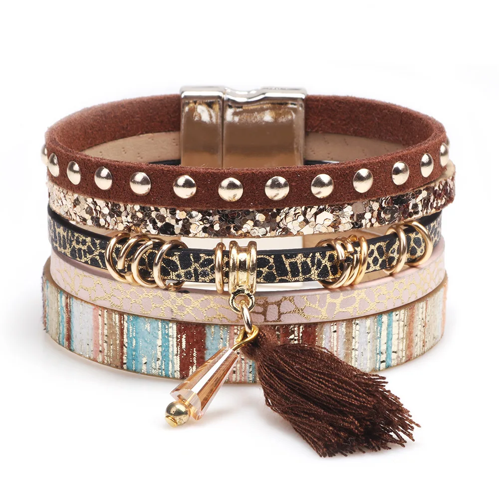 

Women Bohemian Multilayer Leather Tassel Crystal Beads Wrap Bracelet