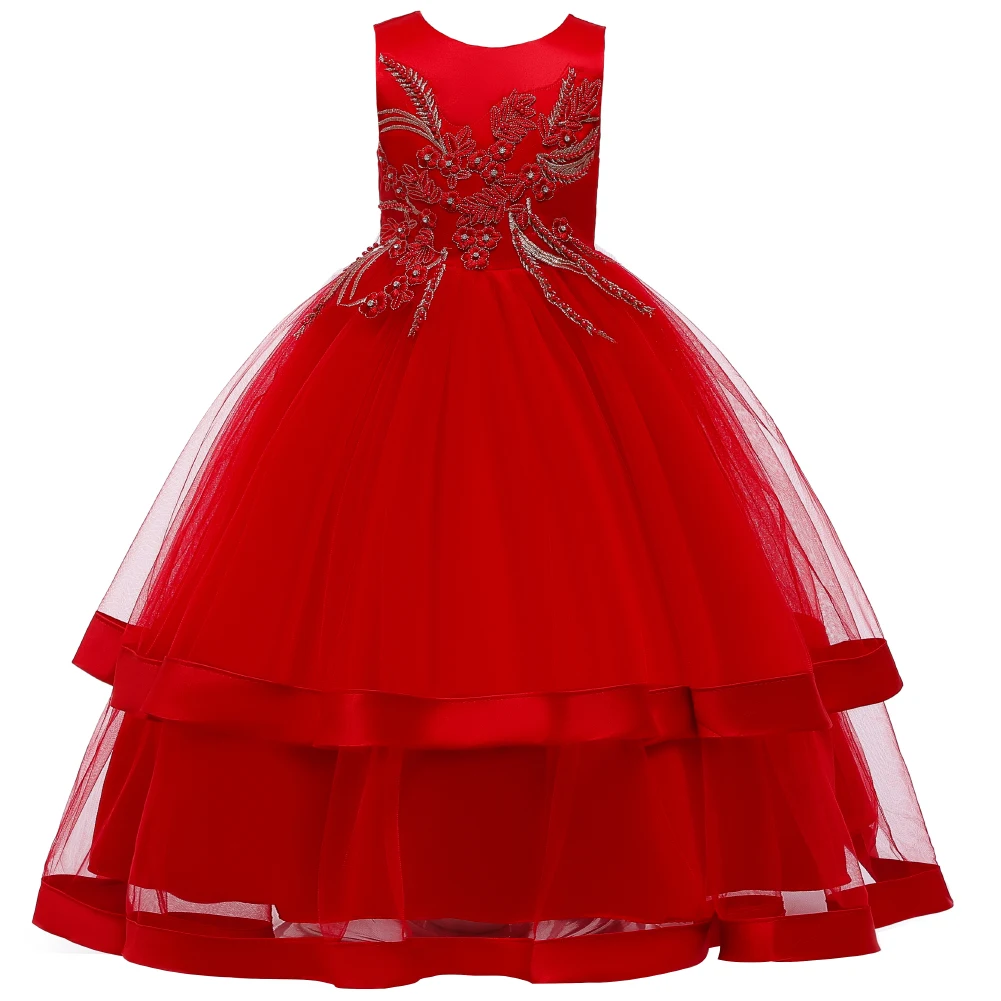 

KYO Red Mesh Puffy Frocks Designs Girl Evening Dresses Party Princess Dress For 11 Years Old Girl