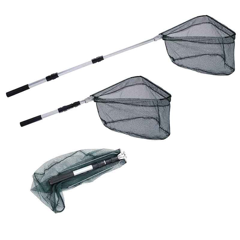 

Free Sample Collapsible Fishing Net Foldable Long Handle Telescopic Fish Catching Landing Nets, Green