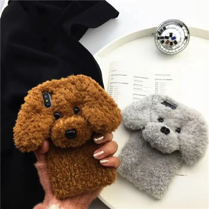 

Cute 3D Teddy Dog Fluffy Phone Case For iPhone 11 13 Pro Max XR X 7 8 Plus Phone Cases Cute Animal Cover Shockproof, White gary brown