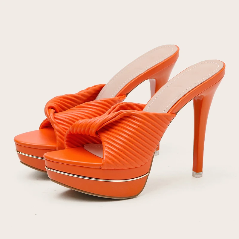 

New Sexy Woman Pleated High Platform Sweet Pink Orange Slippers Summer Outdoor Party Female High Heel Slides Shoes