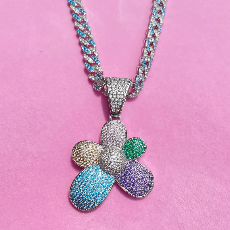 

INS New Colorful Flower Pendant Hip Hop Ice Out Cuban Link Necklace Rotating Colorful Diamonds Sun Flower Pendant Necklace