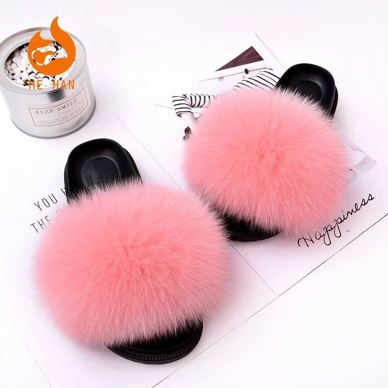 

women fur slippers luxury pink real fox fur sandal shoes fluffy comfy furry girls flip flops