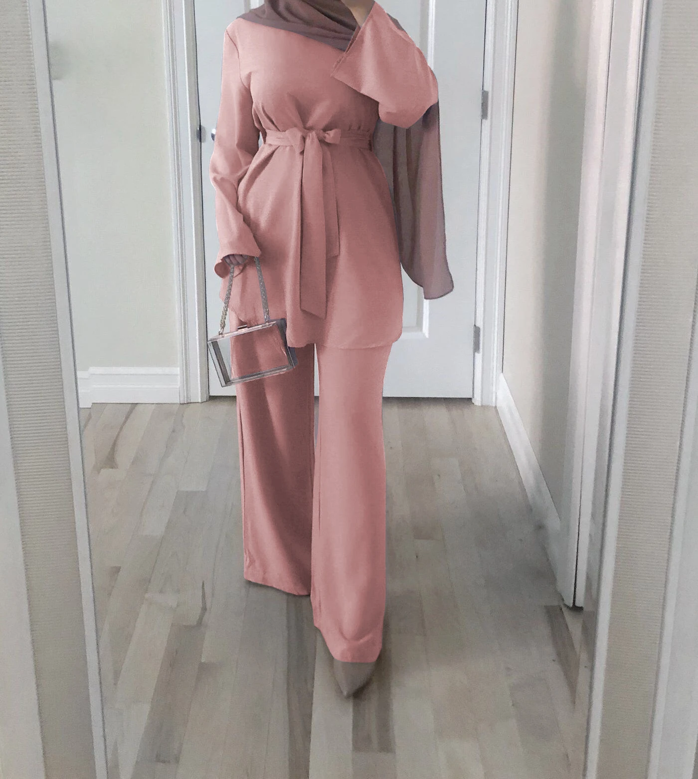 

new arrival wholesale 2019 hot sell dubai fasion soft crepe material muslim set, Black,purple,beige,gray,dark green