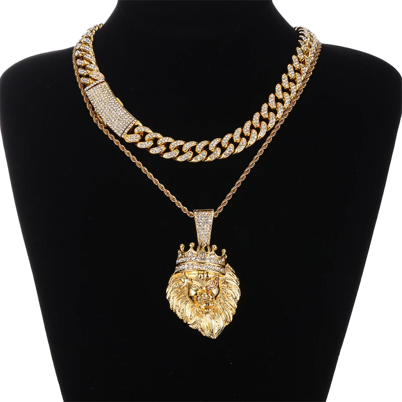 

DE New Iced Fashion Full Drill Alloy Jewelry Bling Crystal Lion King Crown Pendant with Chain Necklace Set