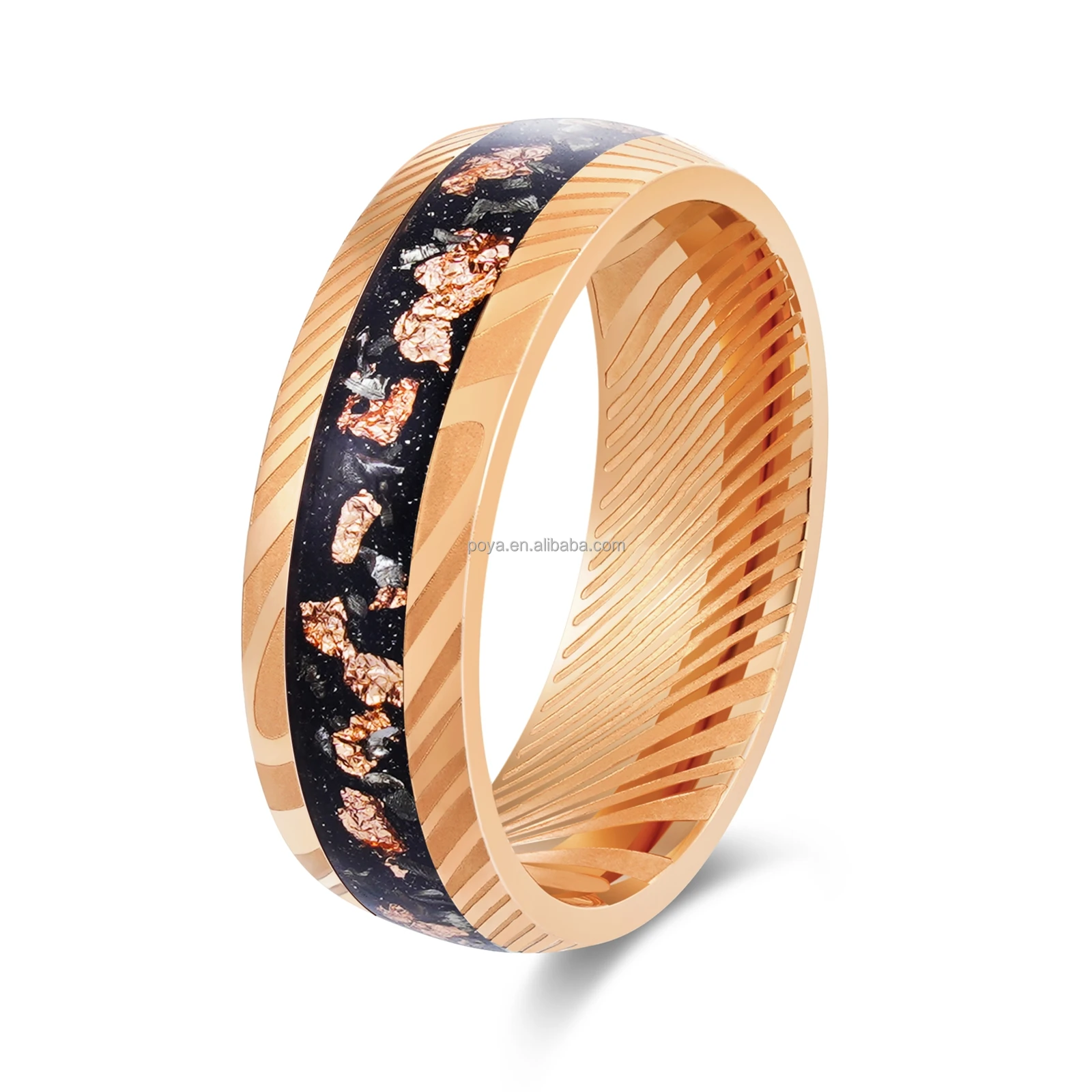 POYA Men's Ring  Rose Gold 8mm Etched Damascus Steel Stainless Steel Ring for Mens Wedding Band