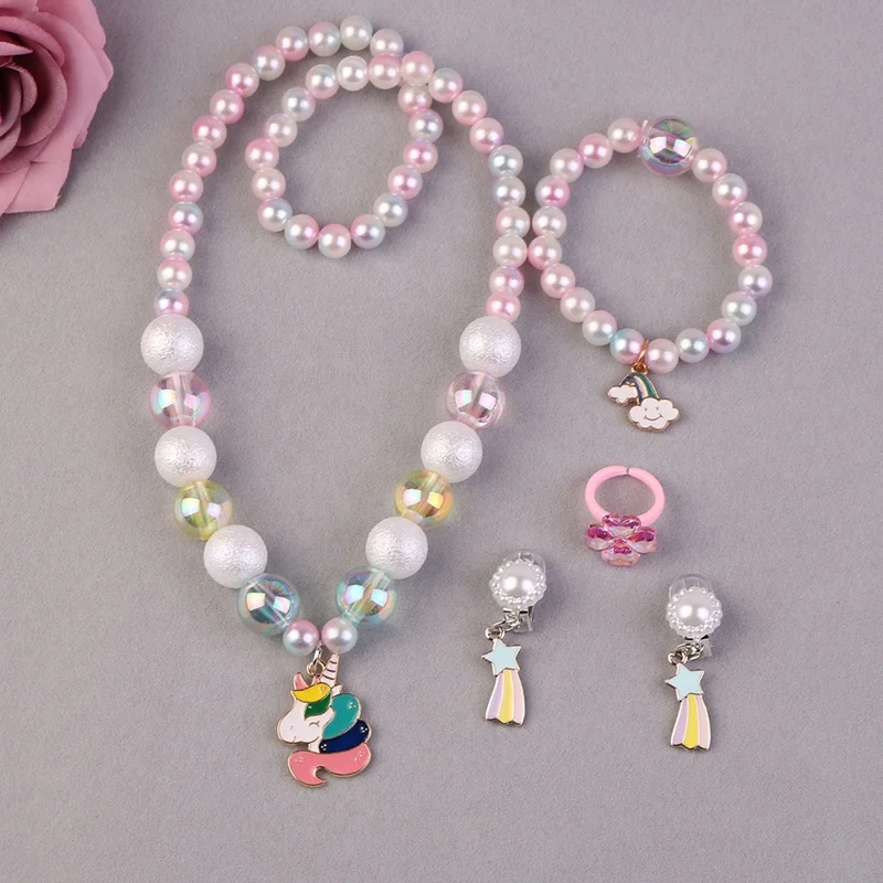

Korean style kids pearl unicorn bead necklace bracelet girls birthday gift