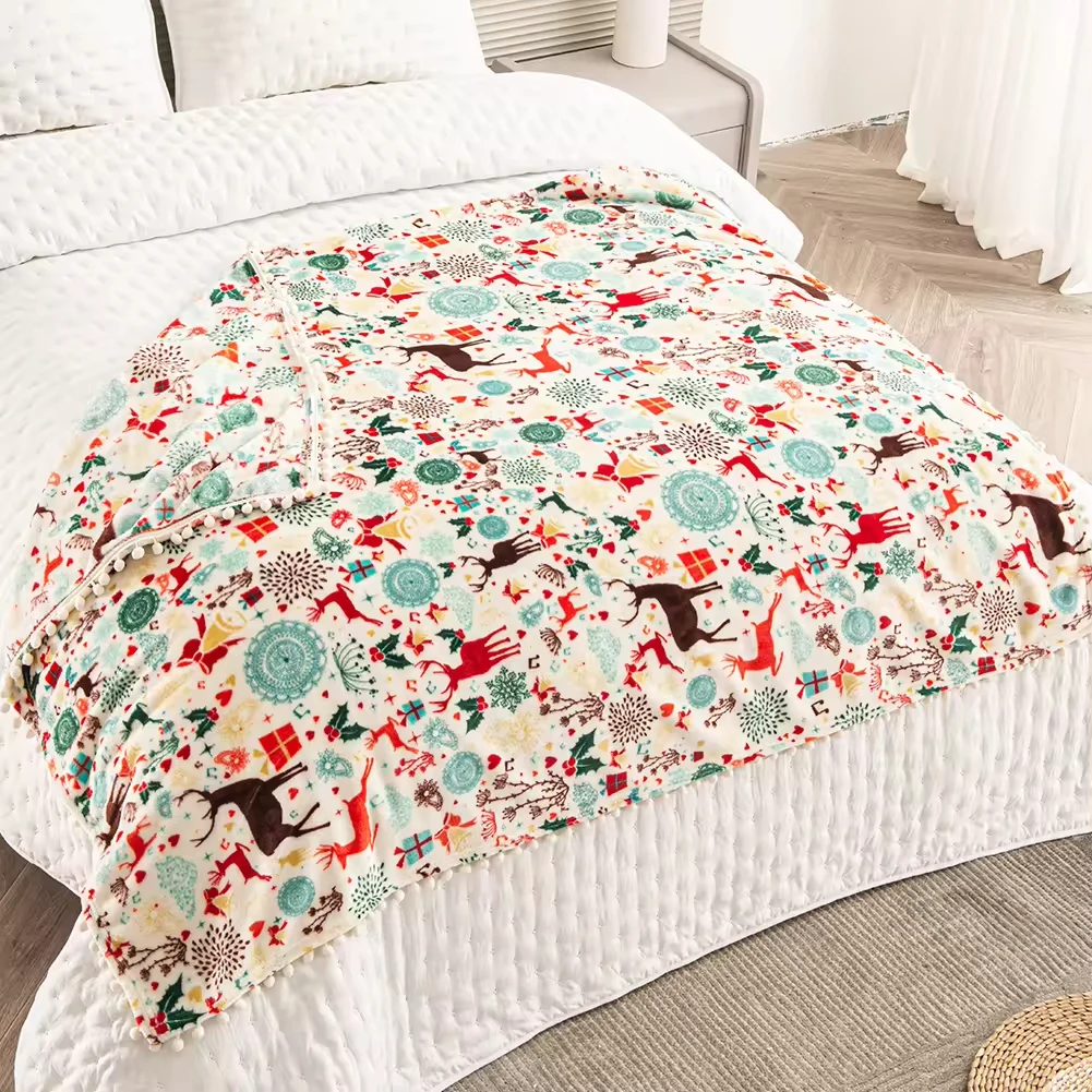 In Stock Christmas Printed Blankets Deer Snowman Double-sided Printing Flannel Throw Gift Blanket With Pompom