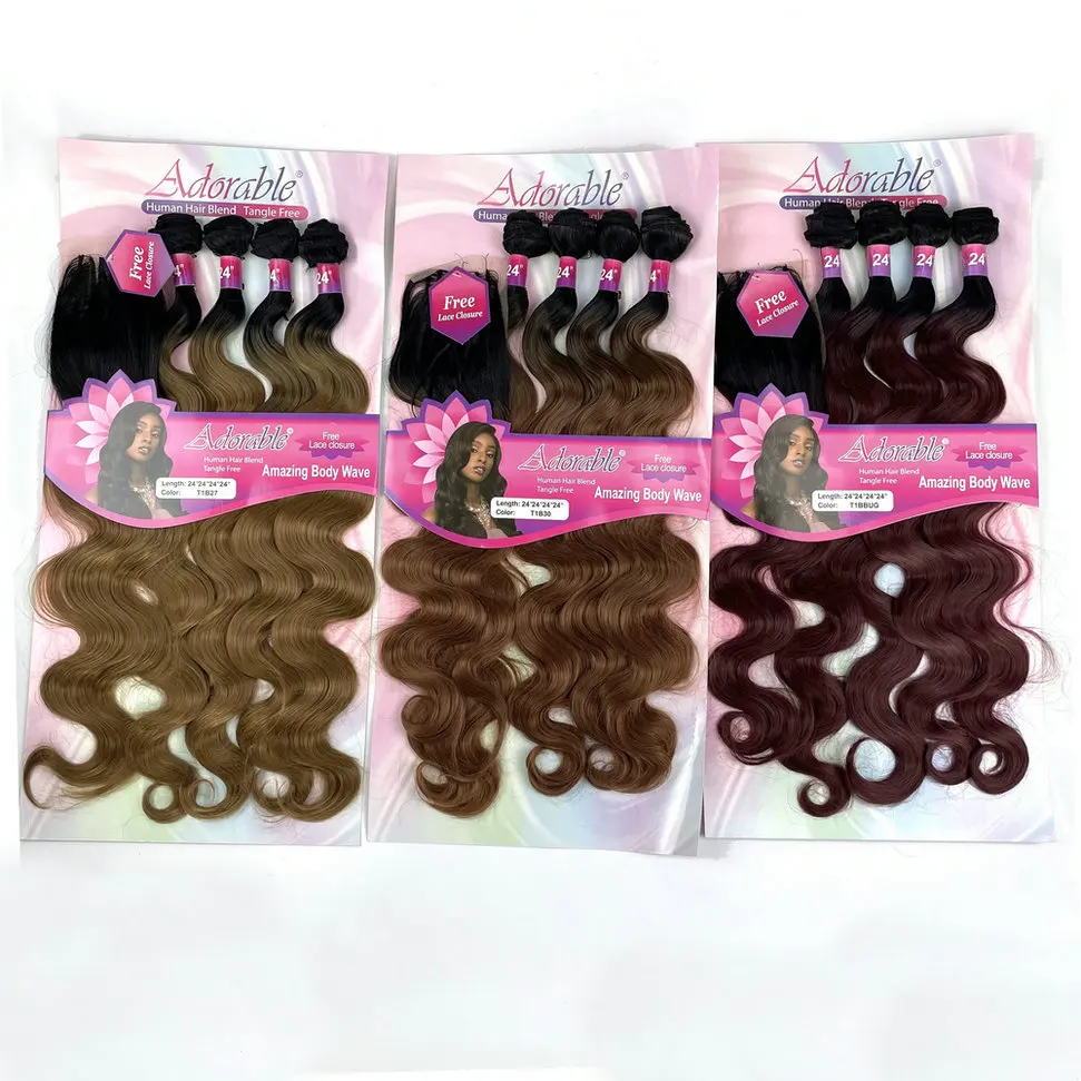 

Adorable Full Packet Solution Synthetic Hair Bundles With Free 4*4 Machine Made Closure Amazing Body Wave 4pcs Ombre Color T1b27