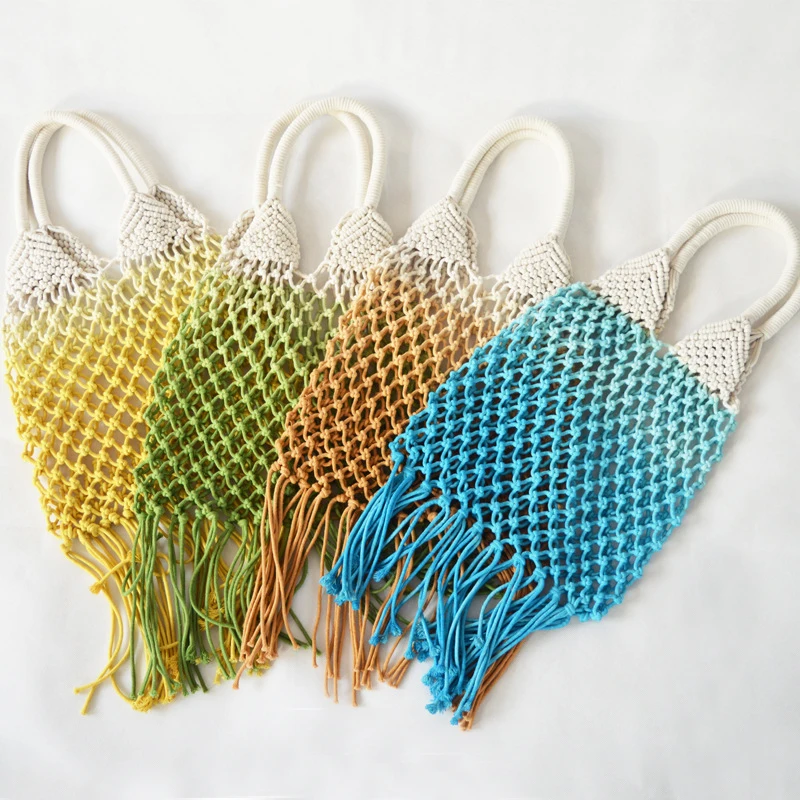 

Chic Eco Ombre Tie Dye Handmade Cotton Macrame Beach Tote Bag Handbag, Green, yellow, blue, khaki