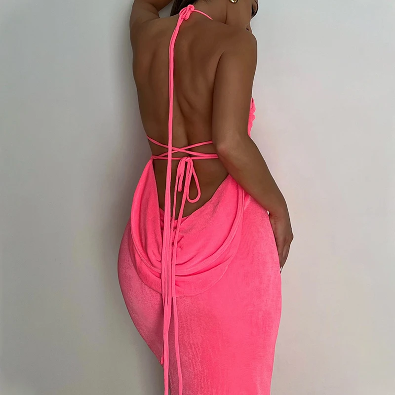 

Lygens 8047 Neon Backless See Through Elegant Lace Up Halter Maxi Drss Sexy Party Prom Evening Clothing Apparel 2022 Summer