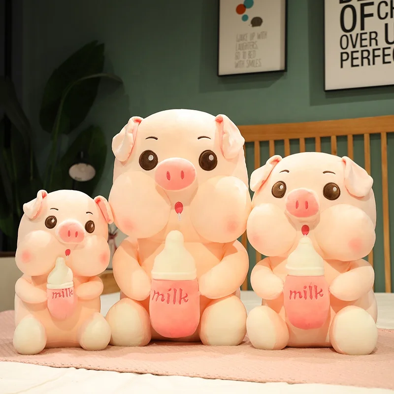 

New Cute Pig Plush Toys with Milk bottles Soft Stuffed Animals Kawaii Piggy Toy Plushie Pillow 40 CM