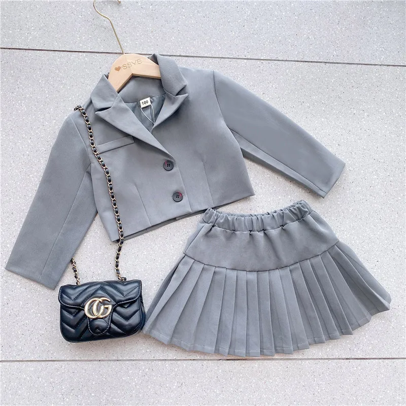 

2021 School Style Spring And Autumn Chic 2 Piece Summer Girl's Clothing Shirt And Top Set, Gray