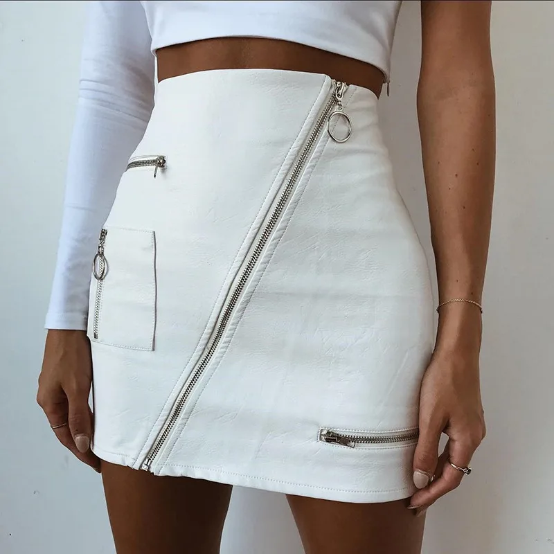 

High waist PU leather skirts women Elegant zipper mini skirt Autumn winter streetwear short Skinny mini Skirts, White