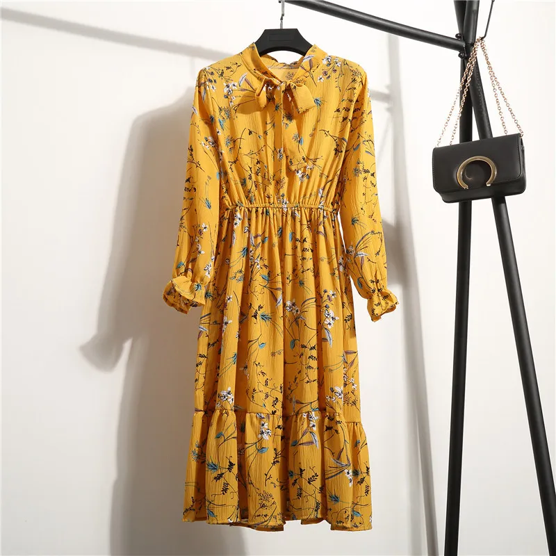 

Women Casual Autumn Dress Floral Printed Chiffon Shirt Dress