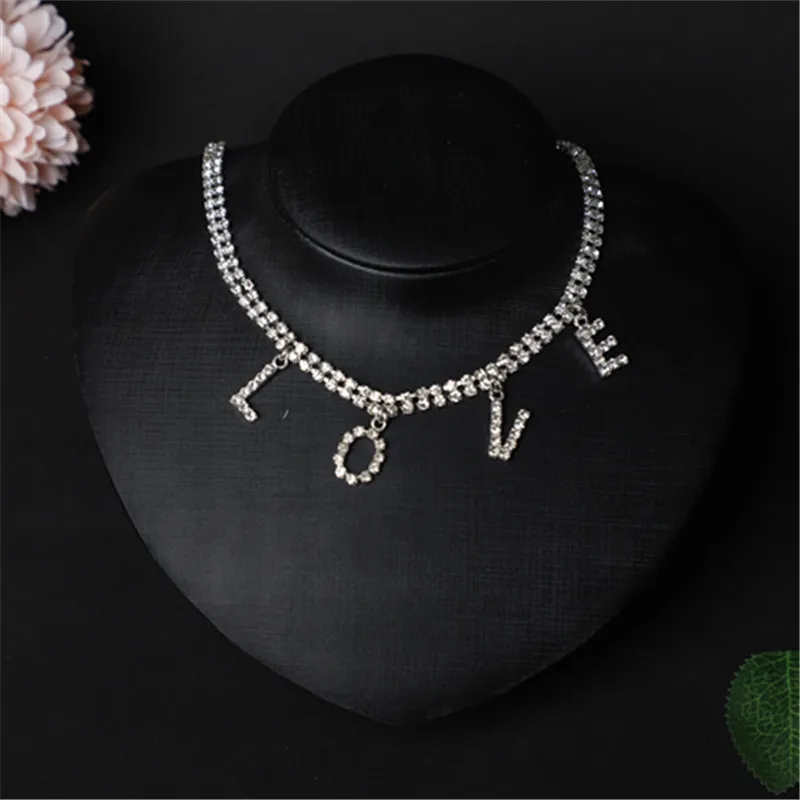 

Personality Design Crystal Rhinestone Tennis Chain Love Letter Pendant Necklace Bling Double Layer CZ Zircon Alphabet Necklace