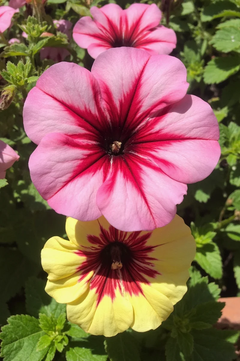A small wooden fence separating a bed of striped petunias from a pet play area. The barrier is decorative yet effective.