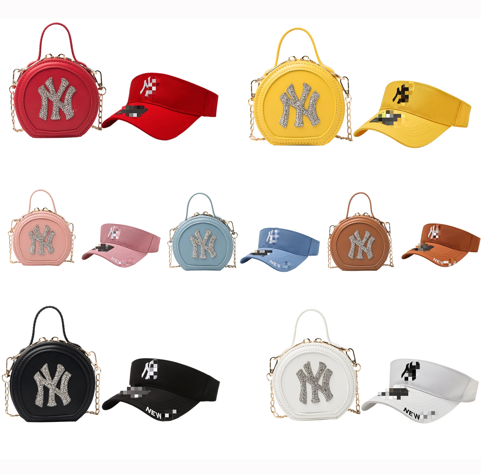 

Wholesale girls mini purse rhinestone NY lipstick cute messenger bag trendy women coin purse and visor hat set, 7 color available
